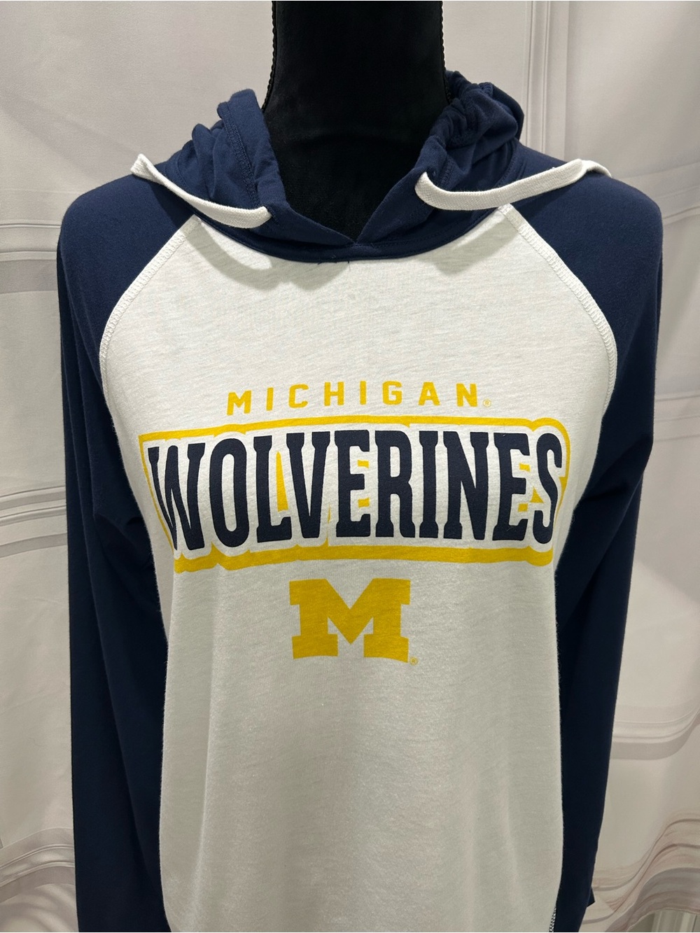 Michigan Wolverines Navy & White Jersey Hooded Raglan Long SleeveTee 4Her Large